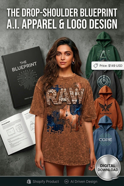 AI-generated tech-wear logo on drop-shoulder mockup